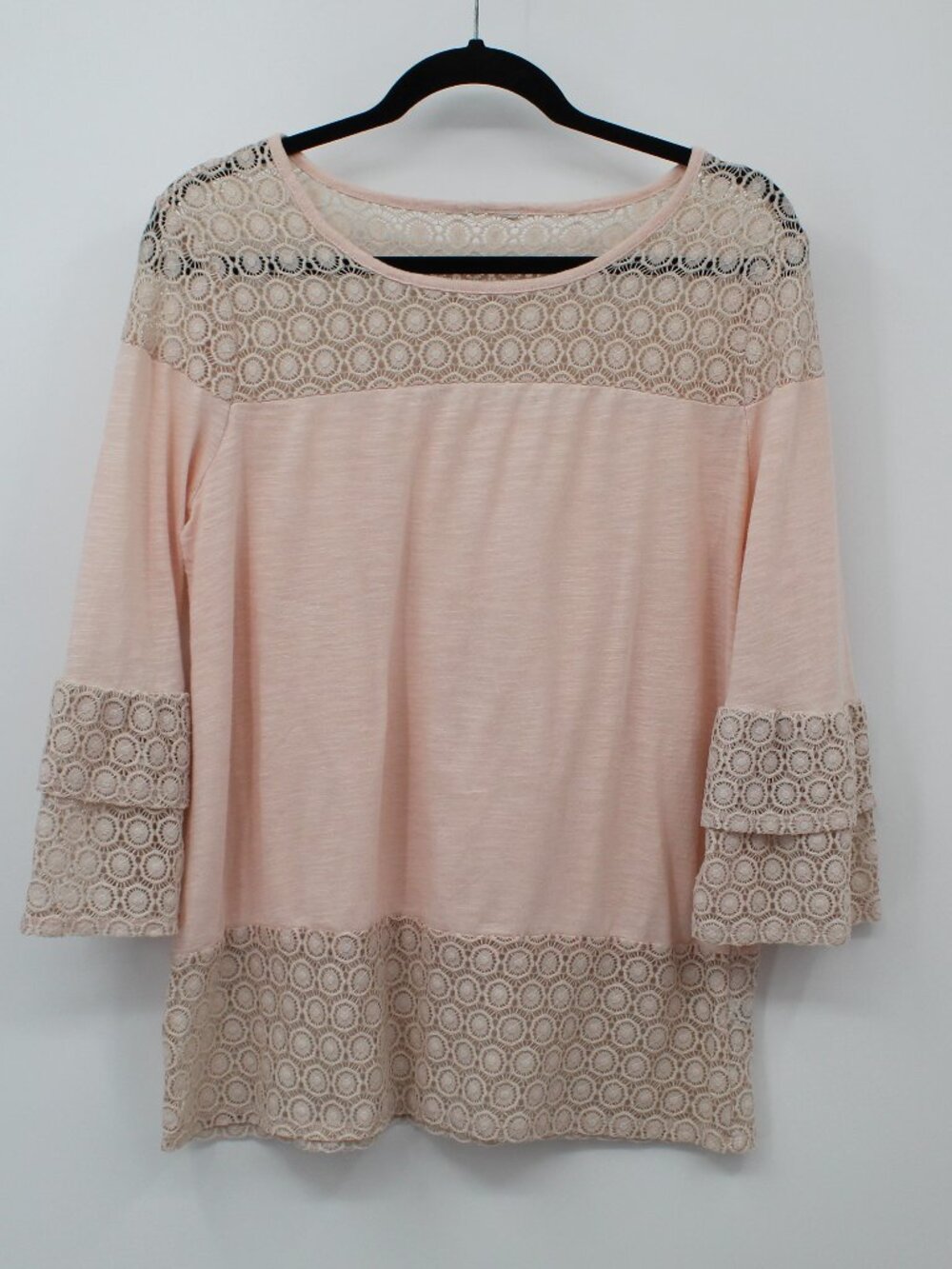 Pink Boho Bell Sleeve top crochet trim Cottagecore Retro Whimsical Shabby Chic L